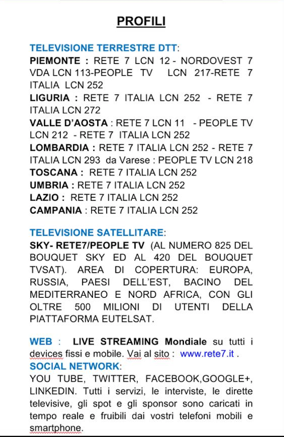 Rete7 PeopleTv copertura nazionale